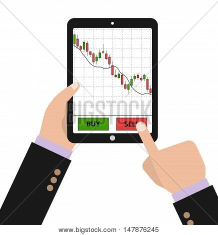 Hand holding tablet with forex stock chart. Stock trade application on tablet. Digital device with forex diagram. Vector illustration.