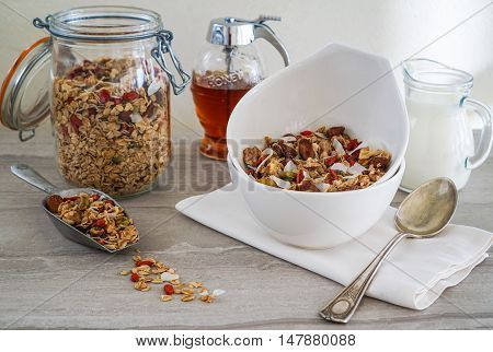 Healthy Coconut Granola with Nuts, Gogi Berry and Honey. Healthy breakfast. Selective focus.