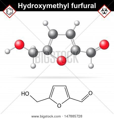 Hydroxymethylfurfural chemical structure and model 2d and 3d vector illustration on white background eps 8