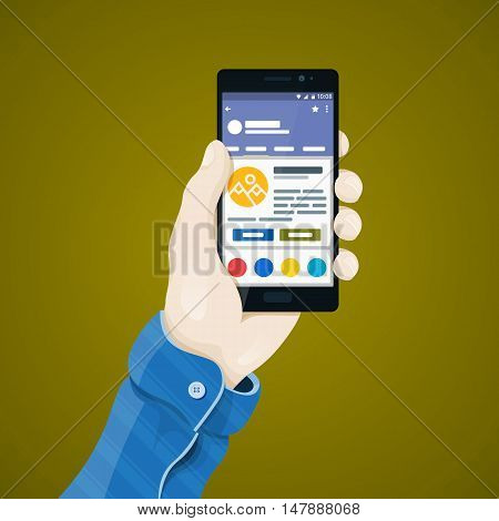 Hand with phone vector illustration in flat style. Man's hand holding a phone concept. Black Smartphone with internet shop on the screen. Ecommerce. Mobile app vector clipart