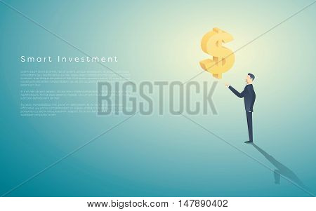 Smart investment business concept vector background with dollar sign as symbol of money and businessman. Bank and banking financial institutions abstract. Eps10 vector illustration.