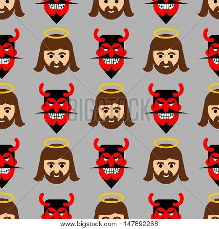 Jesus And Satan Seamless Pattern. Christ And Red Devil With Horns Ornament. Son Of God With Halo And