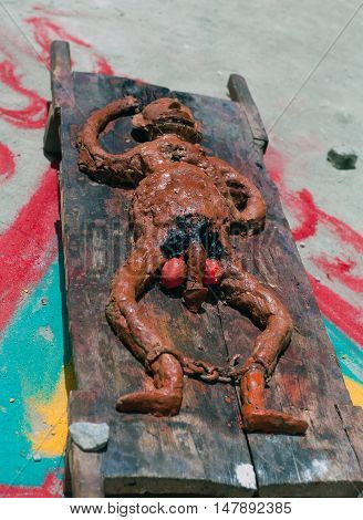 Figure symbolizes evil spirit during the Cham dance at Lamayuru Gompa in Ladakh India