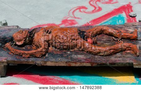 Figure symbolizes evil spirit during the Cham dance at Lamayuru Gompa in Ladakh India