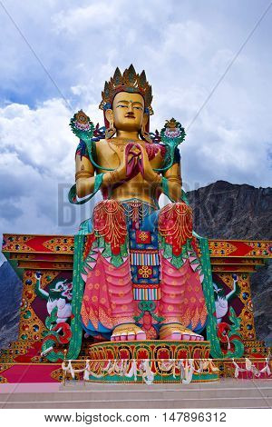 LADAKH, INDIA - JUNE 14, 2012: Statue of Maitreya Buddha near Diskit Monastery.