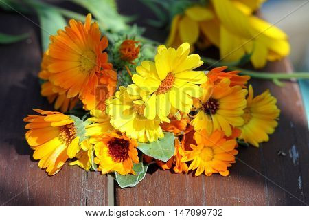 Bouquet of calendula flowers on wooden table.