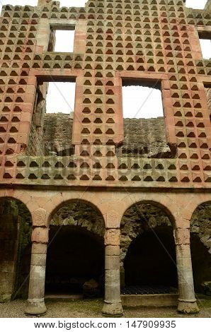 A view of an ornate façade within the ruins of Crichton castle