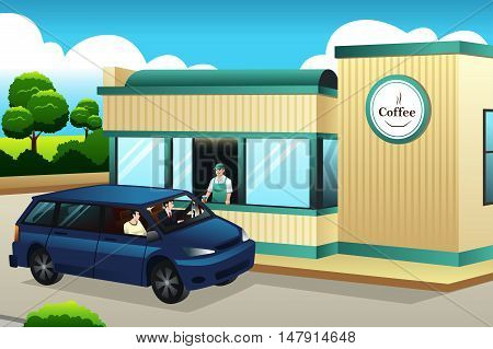 A vector illustration of People Buying Coffee at The Drive-thru Coffee Shop