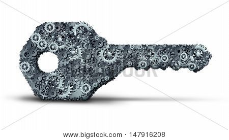Concept of business key as a security object made of gears and cogs grouped together as an industry success metaphor or entrepreneur start symbol as a 3D illustration on a white background.