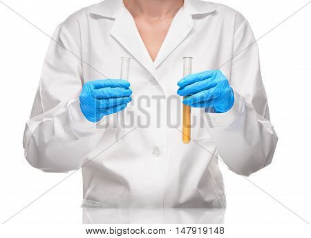 Female Holding Empty Test Tube And With Yellow Sorbent