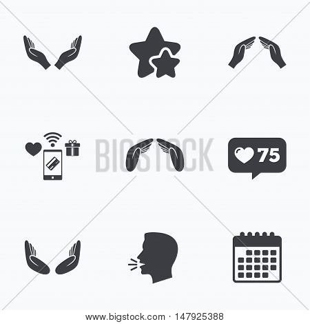 Hands icons. Insurance protection signs. Human helping donation hands. Prayer meditation hands sybmols. Flat talking head, calendar icons. Stars, like counter icons. Vector