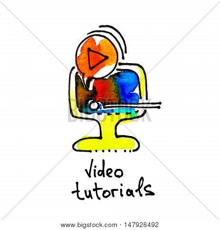 sketch watercolor icon of video tutorials, distance education and online learning concept vector illustration