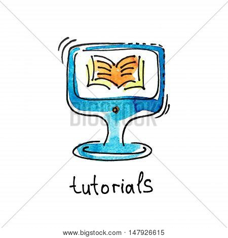 sketch watercolor icon of tutorials, distance education and online learning concept vector illustration