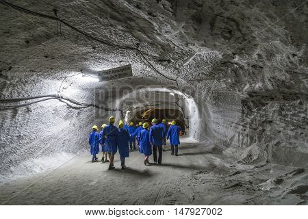 SONDERSHAUSEN, GERMANY - SEP 18, 2016: people visit the mining plant Sondershausen in Germany. Reopened as a tourist mine in 1996 and reopened as a halite producing mine in 2006.