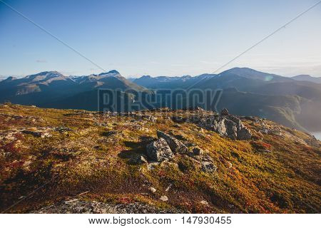 Hiking In Norway, Classic Norwegian Scandinavian Summer Mountain Landscape View With Mountains, Fjor