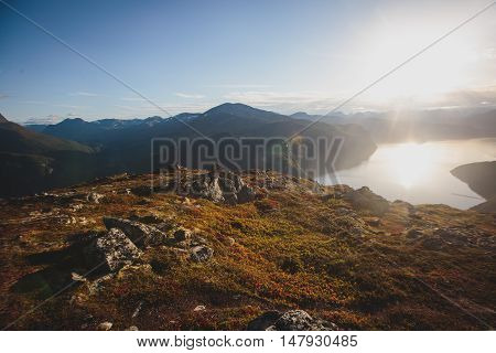 Hiking In Norway, Classic Norwegian Scandinavian Summer Mountain Landscape View With Mountains, Fjor