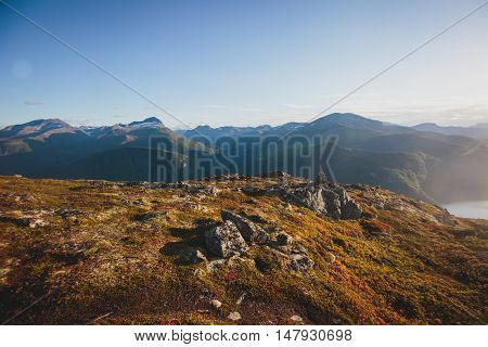 Hiking In Norway, Classic Norwegian Scandinavian Summer Mountain Landscape View With Mountains, Fjor