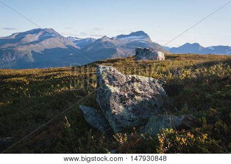 Hiking In Norway, Classic Norwegian Scandinavian Summer Mountain Landscape View With Mountains, Fjor