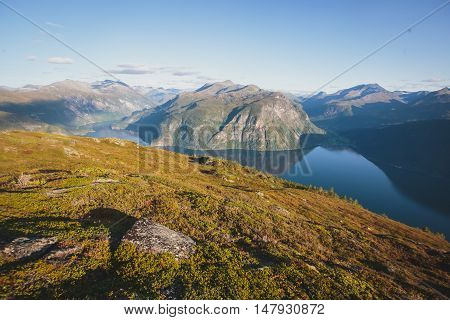 Hiking In Norway, Classic Norwegian Scandinavian Summer Mountain Landscape View With Mountains, Fjor