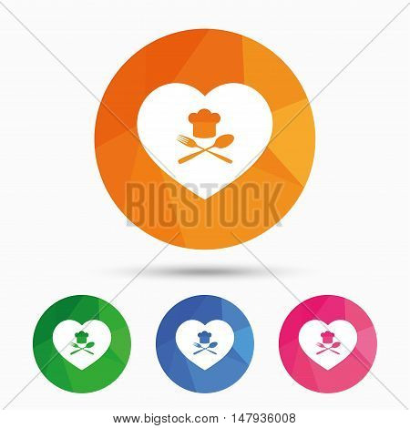 Chef hat sign icon. Love Cooking symbol. Cooks hat with fork and spoon. Triangular low poly button with flat icon. Vector