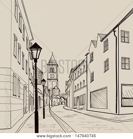 Street cafe in old city. Cityscape - houses buildings and tree on alleyway. Old city view. Medieval european castle landscape. Pencil drawn editable vector sketch