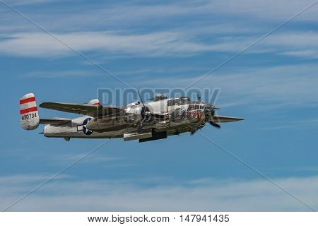 NEW WINDSOR NY - SEPTEMBER 03 2016: Panchito is a North American B-25 Mitchell from the Word War II Era flying over Stewart Airport at the New York Airshow