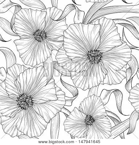 Floral seamless etching pattern. Flower background. Engraving seamless texture with flowers dahlia. Flourish tiled ornament