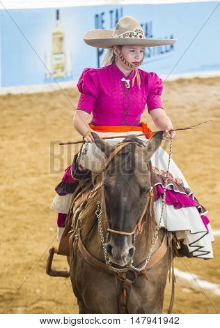 GUADALAJARA MEXICO - SEP 01 : Charra participates at the 23rd International Mariachi & Charros festival in Guadalajara Mexico on September 01 2016.