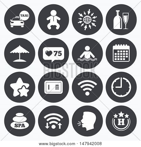 Calendar, wifi and clock symbols. Like counter, stars symbols. Hotel, apartment service icons. Spa, swimming pool signs. Alcohol drinks, wifi internet and safe symbols. Talking head, go to web symbols. Vector