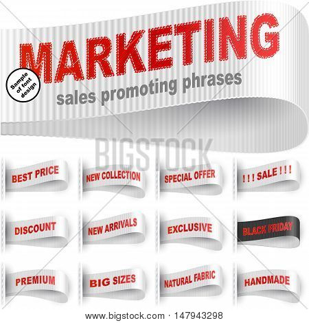 Clothes labels tags with marketing words and phrases for garments sales promotion and merchant service; Best price Discount Sale Special offer Handmade Black friday and etc; White red vector set Eps10