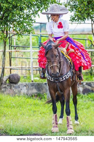 GUADALAJARA MEXICO - SEP 01 : Charra participates at the 23rd International Mariachi & Charros festival in Guadalajara Mexico on September 01 2016.
