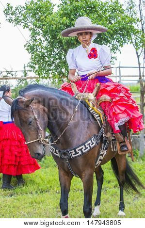 GUADALAJARA MEXICO - SEP 01 : Charra participates at the 23rd International Mariachi & Charros festival in Guadalajara Mexico on September 01 2016.