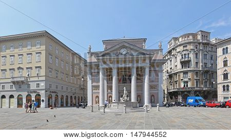 TRIESTE ITALY - JULY 15: Palazzo della Borsa Vecchia Trieste on JULY 15 2013. Palazzo della Borsa Vecchia at Piazza della Borsa Square in Trieste Italy.