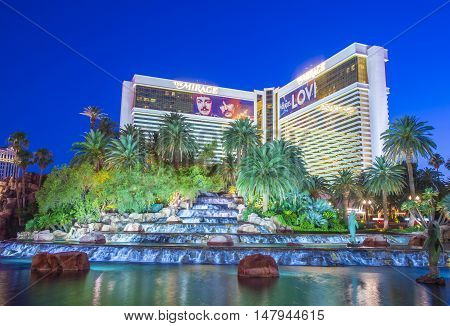 LAS VEGAS - JUNE 22 : The Mirage Hotel in Las Vegas on June 22 2016. The hotel Opened in 1989 and it has 2.884 rooms and a casino with 100000 square feet of gaming space.