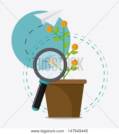 Plant lupe coins and paperplane icon. Business financial item and strategy theme. Colorful design. Vector illustration
