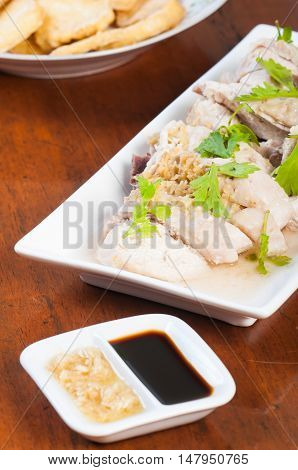 steamed chicken with ginger sauce and thick soy sauce