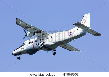 CHIANGMAI, THAILAND -JANUARY 7 2013: 1114 Dornier 228 of Royal Thai Navy. Landing to Chiang mai international airport. Chiangmai, thailand.