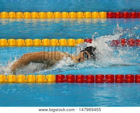 RIO DE JANEIRO, BRAZIL - AUGUST 12, 2016: Olympic champion Katie Ledecky of United States competes at the Women's 800m freestyle of the Rio 2016 Olympic Games at the Olympic Aquatics Stadium