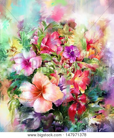 Bouquet of multicolored flowers watercolor painting style