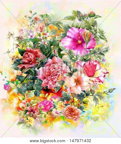 Bouquet of multicolored flowers watercolor painting style