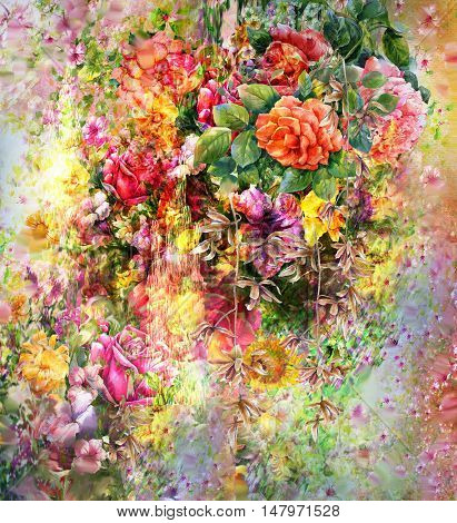 Bouquet of multicolored flowers watercolor painting style