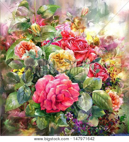 Bouquet of rose watercolor painting style.digital painting