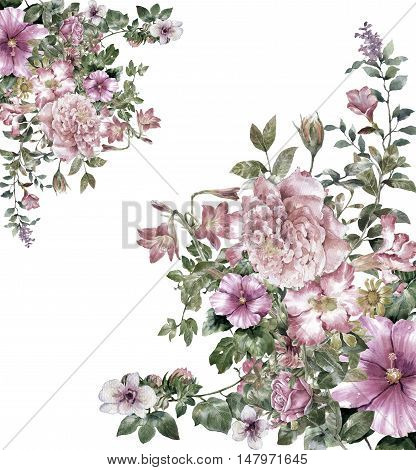 watercolor painting of leaves and flower on white background