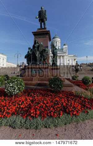 HELSINKI, FINLAND - AUGUST 21, 2016: Statue of Russian Emperor Alexander II on Senate square. The statue, erected in 1894, was built to commemorate his re-establishment of the Diet of Finland in 1863