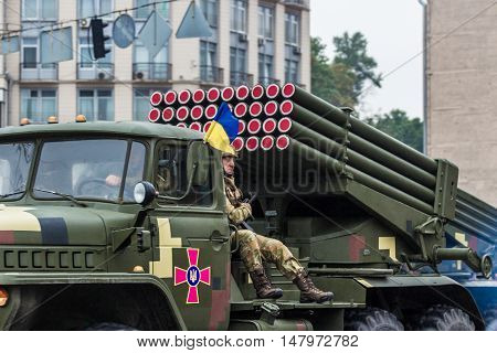 KYIV, UKRAINE - AUGUST 24, 2016: Military parade in Kyiv, dedicated to the Independence Day of Ukraine. Ukraine celebrates 25th anniversary of Independence