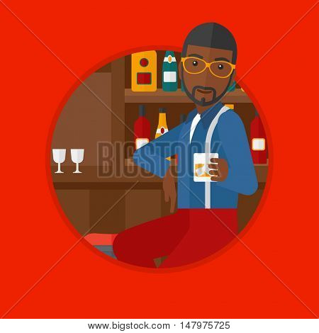 An african-american man sitting at the bar counter. Man sitting with glass in bar. Young man sitting alone at the bar counter. Vector flat design illustration in the circle isolated on background.