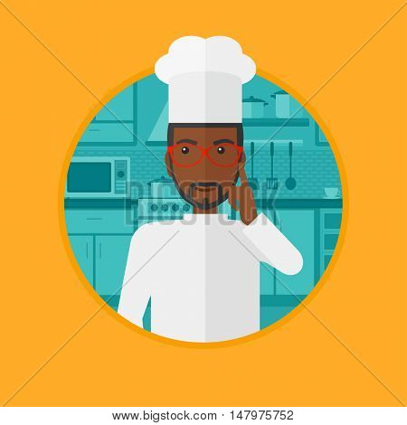 An african chief-cooker standing in the kitchen and pointing forefinger up. Chef thinking about the recipe. Chef having an idea. Vector flat design illustration in the circle isolated on background.