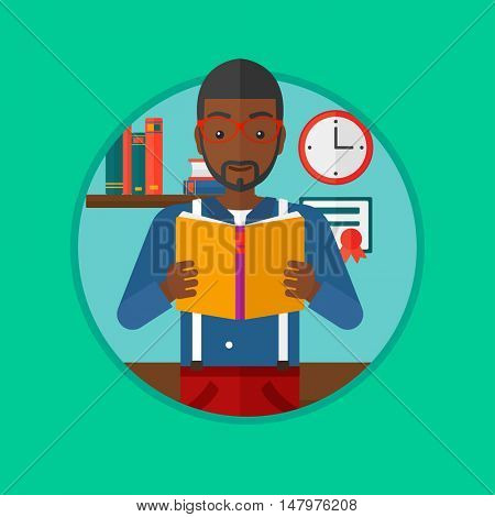 African-american student reading a book. Student reading book and preparing for exam. Student studying at home. Education concept. Vector flat design illustration in the circle isolated on background.