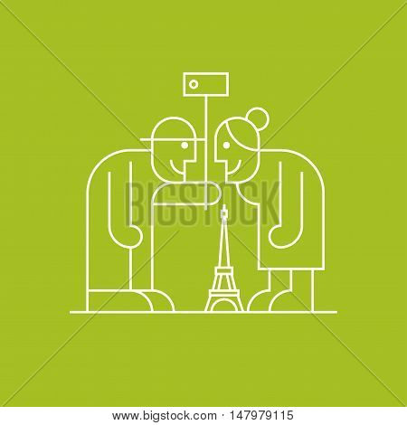 Old people making selfie with camera and stick near Eiffel tower in Paris vector linear symbol icon. Active and modern pensioners elderly people clipart