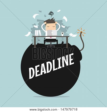 Businessman in hard work and sitting on deadline bomb. A lot of work. Stress at work. vector